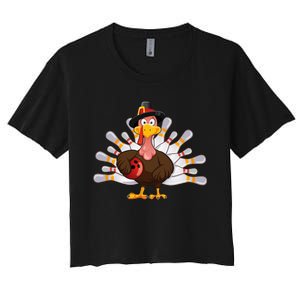 Funny Thanksgiving Turkey Bowling Pin Matching Team Women's Crop Top Tee