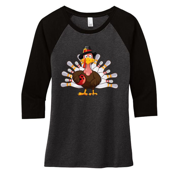 Funny Thanksgiving Turkey Bowling Pin Matching Team Women's Tri-Blend 3/4-Sleeve Raglan Shirt