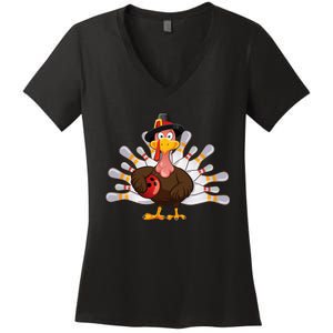 Funny Thanksgiving Turkey Bowling Pin Matching Team Women's V-Neck T-Shirt