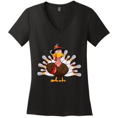 Funny Thanksgiving Turkey Bowling Pin Matching Team Women's V-Neck T-Shirt