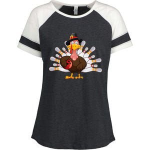 Funny Thanksgiving Turkey Bowling Pin Matching Team Enza Ladies Jersey Colorblock Tee