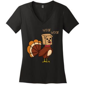 Funny Thanksgiving Turkey Dog Women's V-Neck T-Shirt