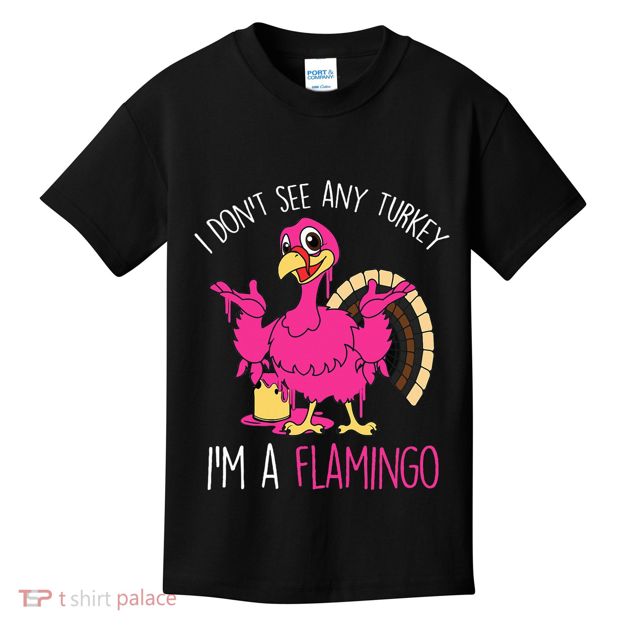 Funny Thanksgiving Turkey Pink Flamingo Pun Kids T-Shirt