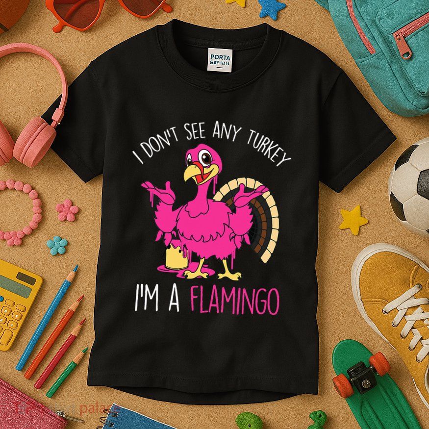 Funny Thanksgiving Turkey Pink Flamingo Pun Kids T-Shirt