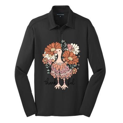 Floral Turkey Thankful Thanksgiving Flowers Gobble Gobble Gift Silk Touch Performance Long Sleeve Polo