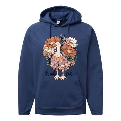 Floral Turkey Thankful Thanksgiving Flowers Gobble Gobble Gift Performance Fleece Hoodie