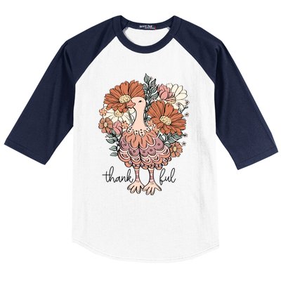 Floral Turkey Thankful Thanksgiving Flowers Gobble Gobble Gift Baseball Sleeve Shirt