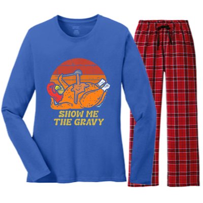 Funny Thanksgiving Turkey Roast Dinner Show Me The Gravy Gift Women's Long Sleeve Flannel Pajama Set 