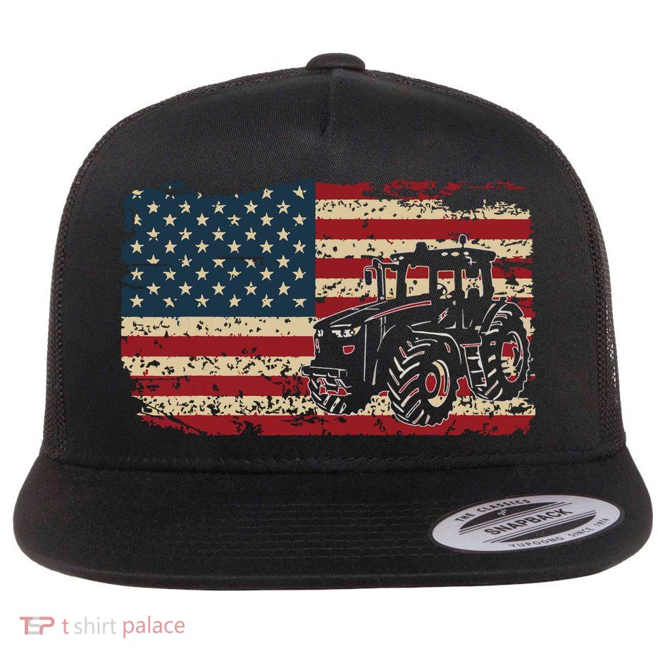 Farm Tractors USA Flag Patriotic Farming Gift Flatbill Hat