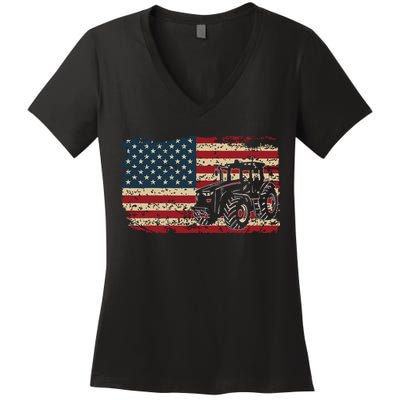 Farm Tractors USA Flag Patriotic Farming Gift Women's V-Neck T-Shirt