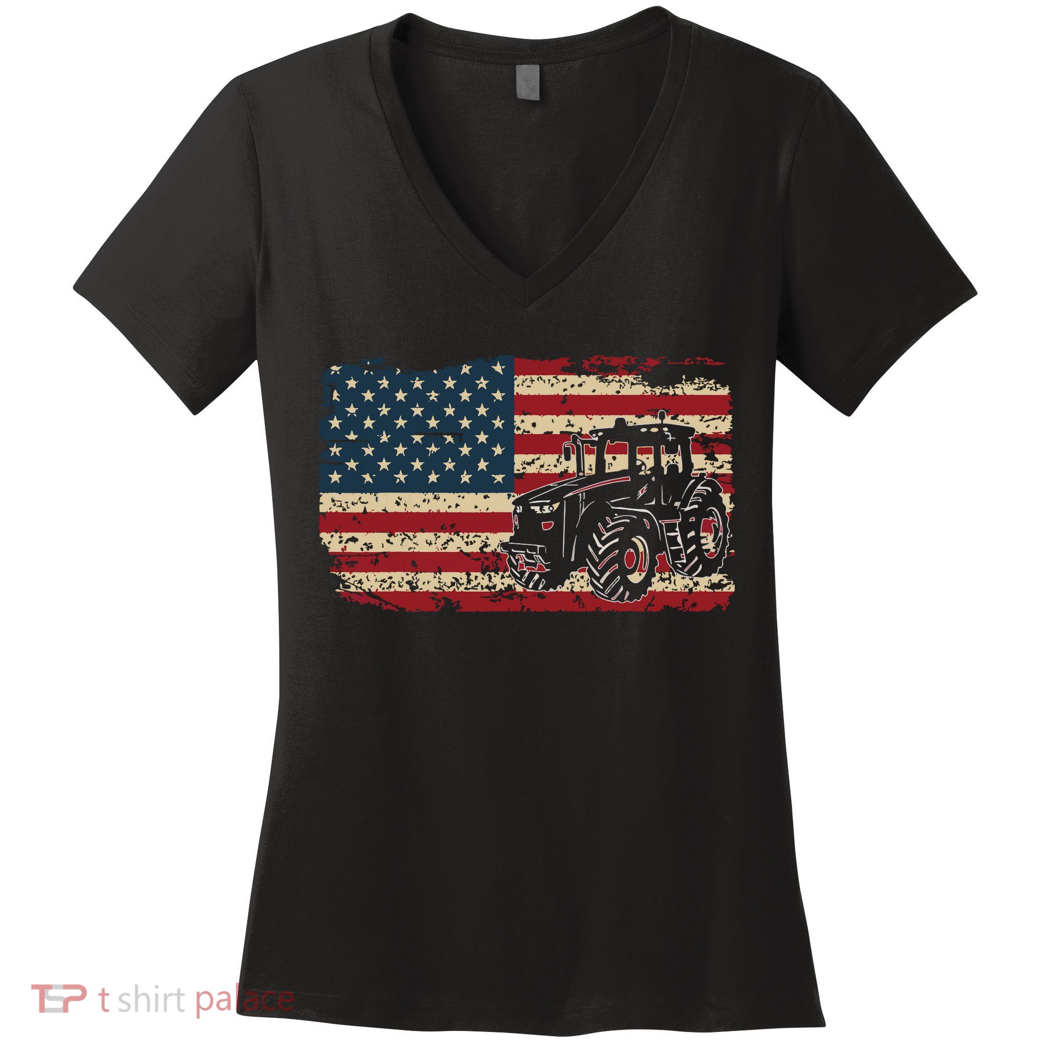 Farm Tractors USA Flag Patriotic Farming Gift Women's V-Neck T-Shirt