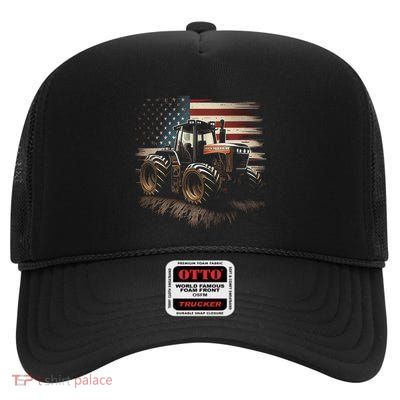 Farmer Tractors Usa Flag Patriotic Farming Gift High Crown Mesh Back Trucker Hat