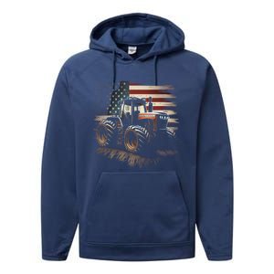 Farmer Tractors Usa Flag Patriotic Farming Gift Performance Fleece Hoodie