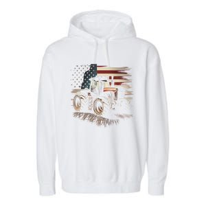 Farmer Tractors Usa Flag Patriotic Farming Gift Garment-Dyed Fleece Hoodie