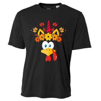 Funny Turkey Unicorn Face  Thanksgiving Cooling Performance Crew T-Shirt