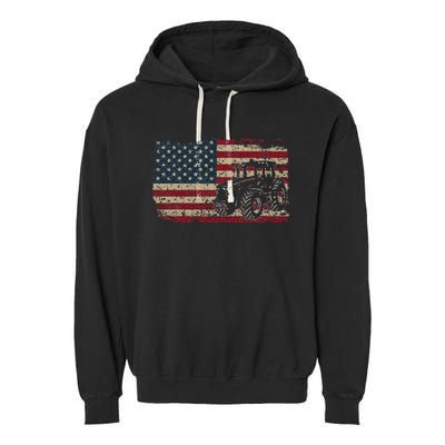 Farm Tractors USA Flag Patriotic Farming Gift Garment-Dyed Fleece Hoodie