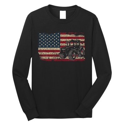 Farm Tractors USA Flag Patriotic Farming Gift Long Sleeve Shirt