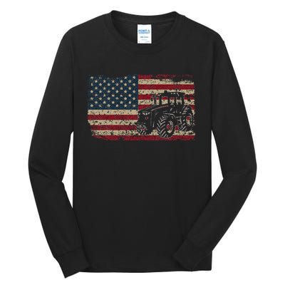 Farm Tractors USA Flag Patriotic Farming Gift Tall Long Sleeve T-Shirt