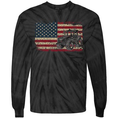 Farm Tractors USA Flag Patriotic Farming Gift Tie-Dye Long Sleeve Shirt