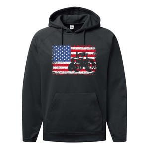 Farm Tractors USA Flag Patriotic Farming Gift Performance Fleece Hoodie