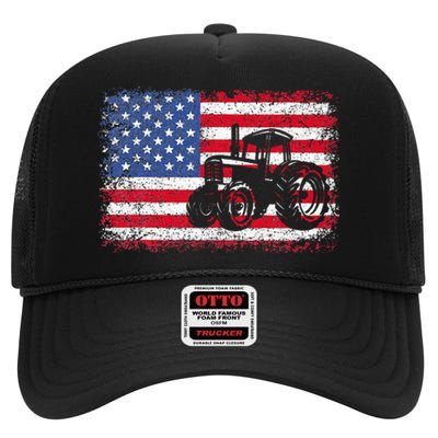 Farm Tractors USA Flag Patriotic Farming Gift High Crown Mesh Back Trucker Hat