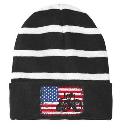 Farm Tractors USA Flag Patriotic Farming Gift Striped Beanie with Solid Band