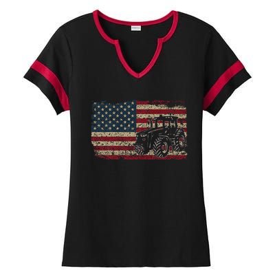 Farm Tractors USA Flag Patriotic Farming Gift Ladies Halftime Notch Neck Tee