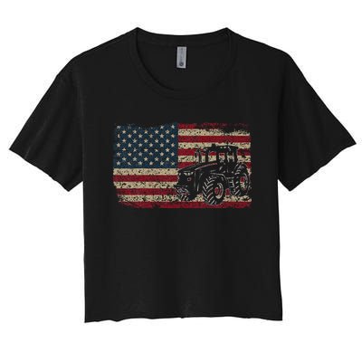 Farm Tractors USA Flag Patriotic Farming Gift Women's Crop Top Tee