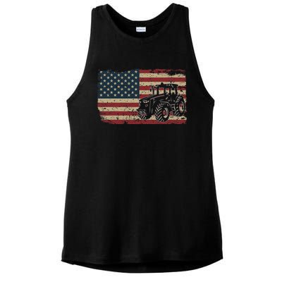 Farm Tractors USA Flag Patriotic Farming Gift Ladies PosiCharge Tri-Blend Wicking Tank