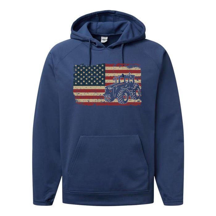 Farm Tractors USA Flag Patriotic Farming Gift Performance Fleece Hoodie