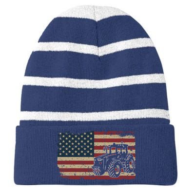 Farm Tractors USA Flag Patriotic Farming Gift Striped Beanie with Solid Band