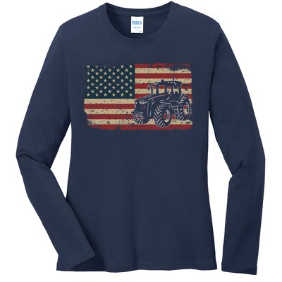 Farm Tractors USA Flag Patriotic Farming Gift Ladies Long Sleeve Shirt