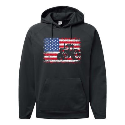 Farm Tractors Usa Flag Patriotic Farming Performance Fleece Hoodie