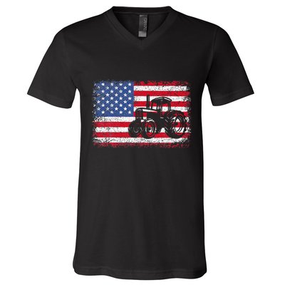 Farm Tractors Usa Flag Patriotic Farming V-Neck T-Shirt
