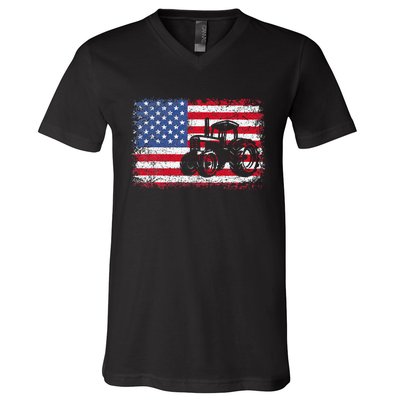 Farm Tractors Usa Flag Patriotic Farming V-Neck T-Shirt