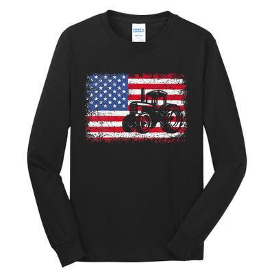 Farm Tractors Usa Flag Patriotic Farming Tall Long Sleeve T-Shirt