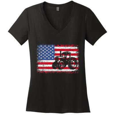 Farm Tractors Usa Flag Patriotic Farming Women's V-Neck T-Shirt