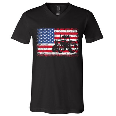 Farm Tractors USA Flag Patriotic Farming Gift V-Neck T-Shirt