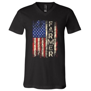 Farmer Tractors Usa American Flag Patriotic Farming V-Neck T-Shirt