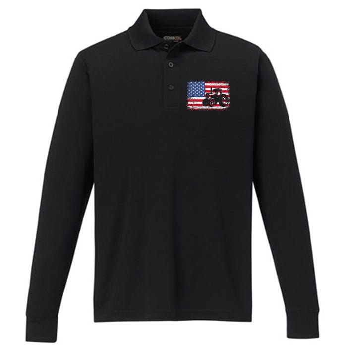 Farm Tractors Usa Flag Patriotic Farming Gift Performance Long Sleeve Polo