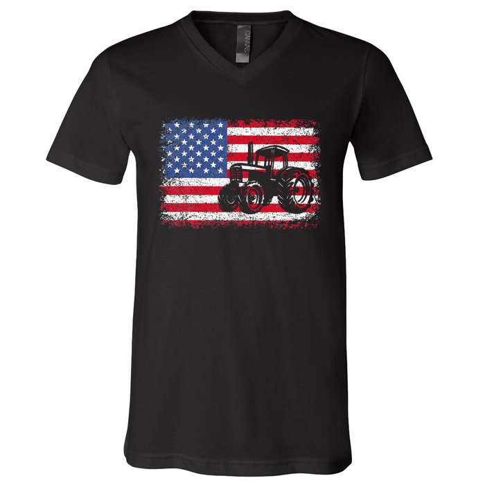 Farm Tractors Usa Flag Patriotic Farming Gift V-Neck T-Shirt