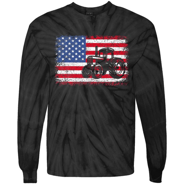 Farm Tractors Usa Flag Patriotic Farming Gift Tie-Dye Long Sleeve Shirt