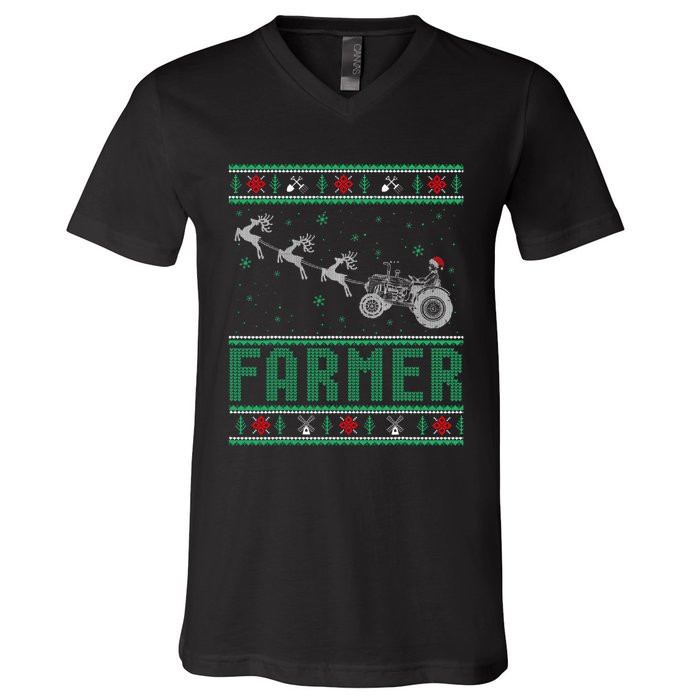 Farmer Tractors Ugly Christmas Xmas Sweater V-Neck T-Shirt