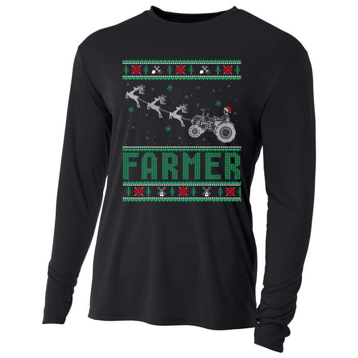 Farmer Tractors Ugly Christmas Xmas Sweater Cooling Performance Long Sleeve Crew