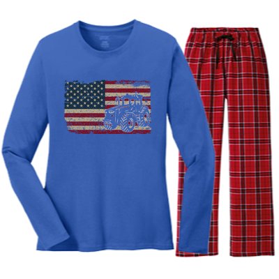 Farm Tractors Usa Flag Patriotic Farming Gift Women's Long Sleeve Flannel Pajama Set 