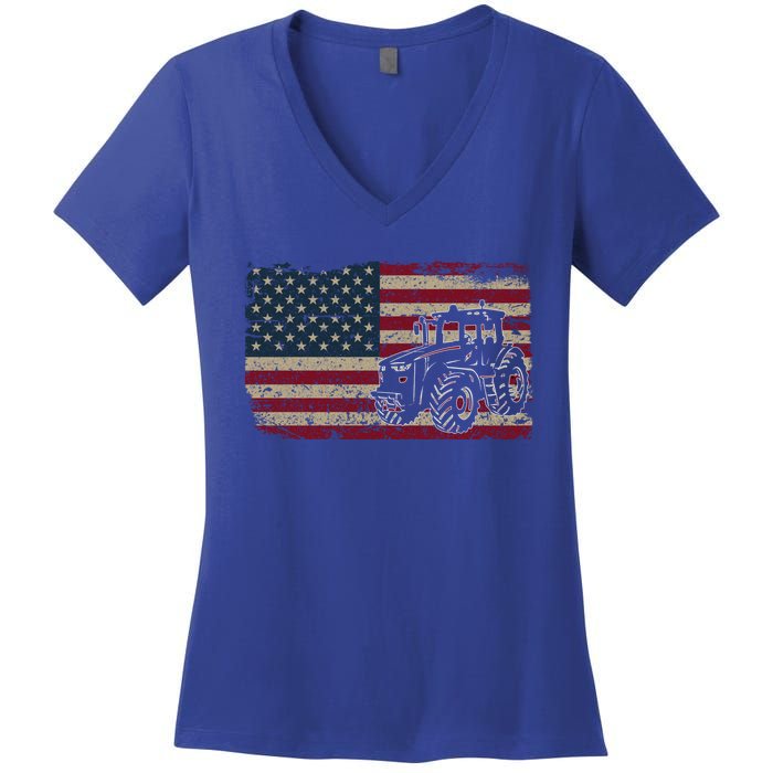 Farm Tractors Usa Flag Patriotic Farming Gift Women's V-Neck T-Shirt