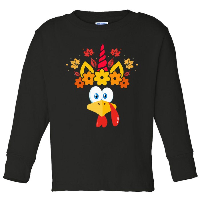 Funny Turkey Unicorn Face Thanksgiving Toddler Long Sleeve Shirt