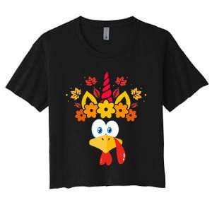 Funny Turkey Unicorn Face Thanksgiving Women's Crop Top Tee