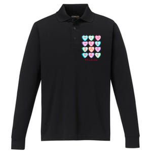 Funny Teacher Valentines Day Teach Heart Candy Performance Long Sleeve Polo