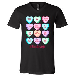 Funny Teacher Valentines Day Teach Heart Candy V-Neck T-Shirt